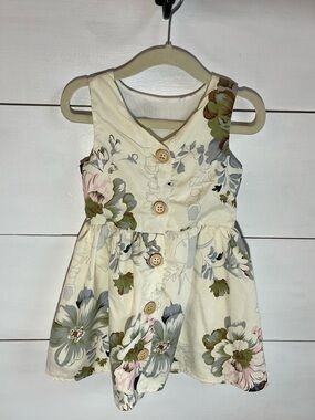 Cream Floral Button-Front Girls Dress with Green Accents